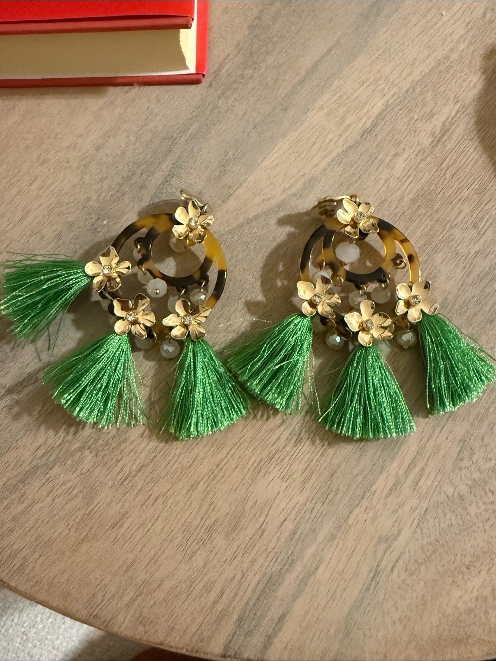 Lilly Pulitzer Tortoiseshell Hoop Earrings with Gold Flowers and Green Tassels